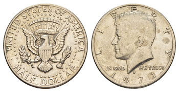 США 1/2 доллара (50 центов) 1971 D, Джон Кеннеди KM 202b медь плакированная медно-никелем aUNC 221-945