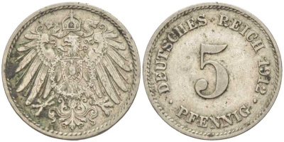 ГЕРМАНИЯ 5 ПФЕННИГОВ 1912 J KM 11, J. 12 медно-никель 105-158
