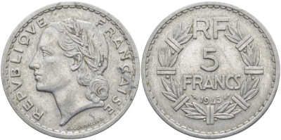 ФРАНЦИЯ 5 ФРАНКОВ 1945 9 ОТКРЫТАЯ KM 888b.1, LE FRANC 339.3 алюминий 111-1123