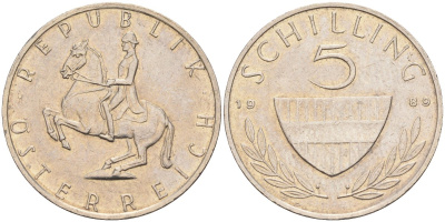 Австрия 5 шиллингов 1989 KM 2889a медно-никель 4116-1012