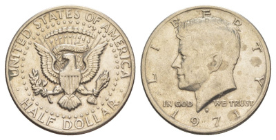 США 1/2 доллара (50 центов) 1971 D, Джон Кеннеди KM 202b медь плакированная медно-никелем aUNC 221-945