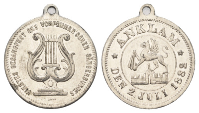 Германия медаль в память о певческом фестивале в Анкламе 1882 музыка, лира, диаметр 27 мм, вес 5,8 гр белый металл 1515-1235