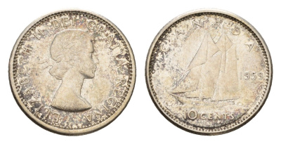 Канада 10 центов 1959 парусник, Елизавета II (1952-2022) KM 51 серебро 4669-638