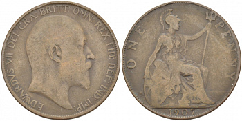Великобритания 1 пенни 1907 Эдуард VII (1901-1910) KM 794.2, Spink 3990 бронза 215-243