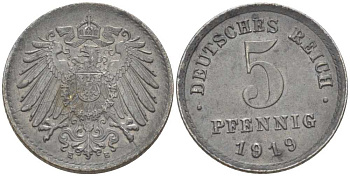 ГЕРМАНИЯ 5 ПФЕННИГОВ 1919 E KM 19, J. 297, Weege 5 железо 206-723