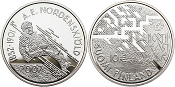 Финляндия 10 евро 2007 175 лет со дня рождения Нильс Адольфа Эрика Норденшёльда, первопроходец Северно-Восточного морского пути KM 134 серебро  PROOF 11-114-12