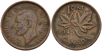 Канада 1 цент 1945 Георг VI (1937-1952), кленовый лист KM 32 бронза 4189-526