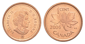 Канада 1 цент 2006 Leaf, Елизавета II (1952-2022), кленовый лист KM 490 цинк плакированный медью UNC 4630-631