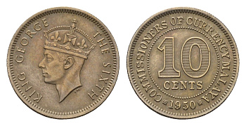 Малайя 10 центов 1950 Георг VI (1936-1952) KM 8 медно-никель 4679-716