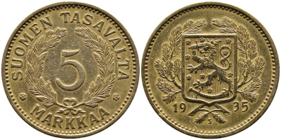 ФИНЛЯНДИЯ 5 МАРОК 1935 S KM 31 алюминиевая бронза 4388-1041