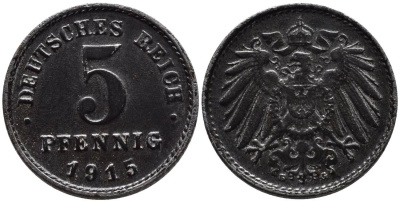 Германия 5 пфеннигов 1915 G KM 19, Jager 297, Weege 5 железо 4547-555