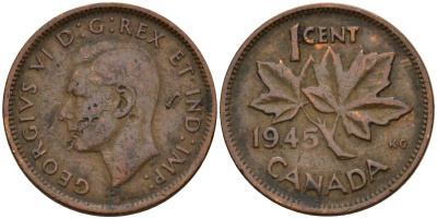 Канада 1 цент 1945 Георг VI (1937-1952), кленовый лист KM 32 бронза 4189-526