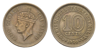 Малайя 10 центов 1950 Георг VI (1936-1952) KM 8 медно-никель 4679-716