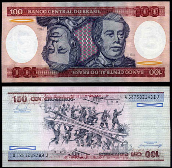 Бразилия 100 крузейро 1981 подпись 21, серия А 6875, Герцог Каксиас Pick 198 b бумага UNC (пресс) 2197-47-3-2