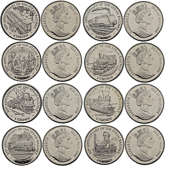 Остров Мэн 1 крона 1998 125 лет железным дорогам, коллекция из восьми монет КМ 872, 874, 876 ,878, 880, 882, 884, 886 медно-никель UNC M56-15
