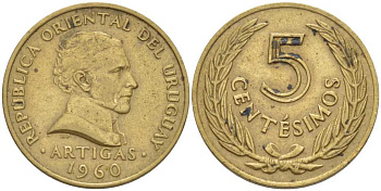 УРУГВАЙ 5 СЕНТЕСИМО 1960 ХОСЕ ХЕРВАСИО АРТИГАС KM 38 никель латунь 105-764
