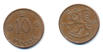 Финляндия 10 пенни 1928 республика (1918-1962) KM 24 медь 46-1631