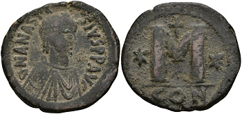 Византийская Империя фоллис 498 - 518 Анастасий Константинополь very fine Sear 19 бронза 270-943