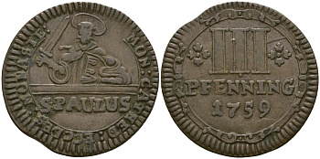 Мюнстер 3 пфеннига 1759 KM 430 медь 272-241