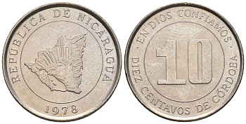 Никарагуа 10 сентаво 1978 карта страны KM 31 медно-никель  UNC  220-1228