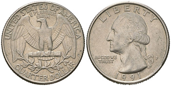 США 25 центов = квотер = 1/4 доллара 1991 P, Джордж Вашингтон KM 164a медь плакированная медно-никелем 216-726