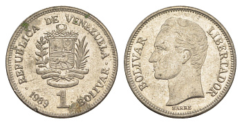 Венесуэла 1 боливар 1989 Симон Боливар, тонкий шрифт Y 52a.1 сталь плакированная никелем 4591-325