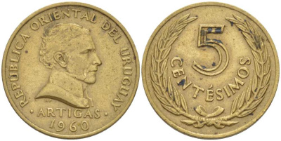 УРУГВАЙ 5 СЕНТЕСИМО 1960 ХОСЕ ХЕРВАСИО АРТИГАС KM 38 никель латунь 105-764