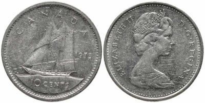 Канада 10 центов 1975 Елизавета II (1952-2022), парусник KM 77.1 никель 112-435