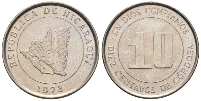 Никарагуа 10 сентаво 1978 карта страны KM 31 медно-никель  UNC  220-1228