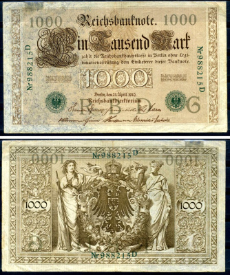 Германия 1000 марок 1910 21 апреля 1910, зеленая печать, номер шестизначный, серия D, буква G, выпуск АПРЕЛЬ - ИЮЛЬ 1918 Pick 45 a бумага 00-00