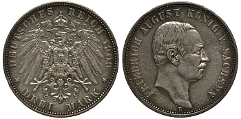 Саксония 3 марки 1909 Е, Фридрих Август III (1904-1918) Weege 132, J. 135, KM 1267 серебро 3711-1325