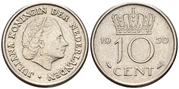 Нидерланды 10 центов 1950 Юлиана (1948-1980) KM 182 никель 4585-532