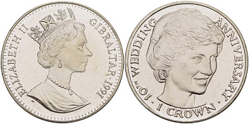 Гибралтар 1 крона 1991 10 лет королевской свадьбы, принцесса Диана KM 85 медно-никель UNC 4527-334