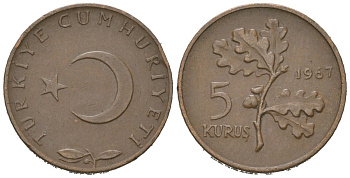 Турция 5 курушей 1967 KM 890.1 бронза 4115-332