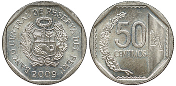 Перу 50 сентимо 2009 KM 307.4 медно-никель aUNC 4605-341