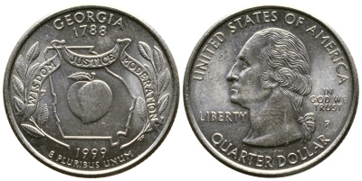 США 25 центов = квотер 1999 Р, серия штаты США, Джорджия KM 296 медь плакированная медно-никелем 56-311