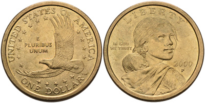 США 1 доллар 2000 Р, индианка Сакагавея KM 310 медь с марганцево-латунным покрытием UNC 4590-1043