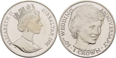 Гибралтар 1 крона 1991 10 лет королевской свадьбы, принцесса Диана KM 85 медно-никель UNC 4527-334