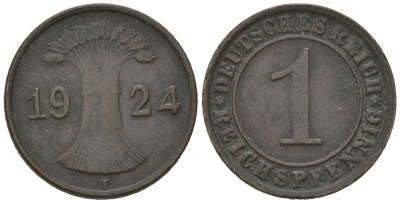 Германия 1 рейхспфенниг 1924 F KM 37, J. 313 бронза 4615-229