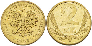 ПОЛЬША 2 ЗЛОТЫХ 1983 MW KM 80.1 латунь UNC 65-644
