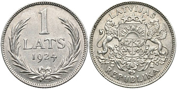 Латвия 1 лат 1924 Первая республика (1918-1939) KM 7 серебро 27-1233