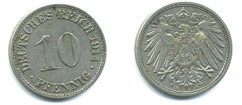 ГЕРМАНИЯ 10 ПФЕННИГОВ 1914 A KM 12, J. 13 медно-никель 62-2454