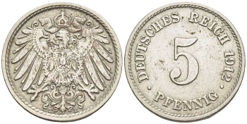ГЕРМАНИЯ 5 ПФЕННИГОВ 1912 E KM 11, J. 12 медно-никель 105-155