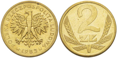 ПОЛЬША 2 ЗЛОТЫХ 1983 MW KM 80.1 латунь UNC 65-644