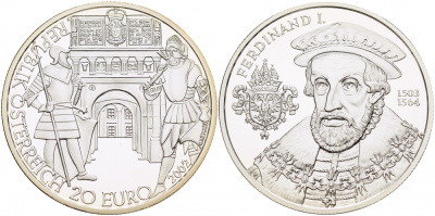АВСТРИЯ 20 ЕВРО 2002 ФЕРДИНАНД I, ХОФБУРГСКИЙ ДВОРЕЦ, ГВАРДЕЙЦЫ НА КАРАУЛЕ KM 3097 серебро PROOF 1087-3-72