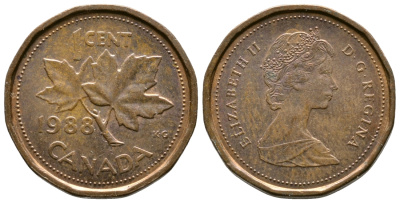 КАНАДА 1 ЦЕНТ 1988 КЛЕНОВЫЙ ЛИСТ, ЕЛИЗАВЕТА II KM 132 бронза 36-934