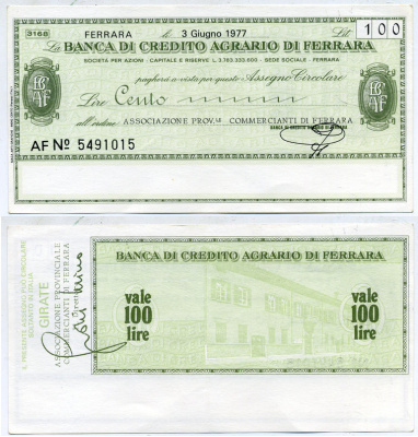 Италия 100 лир 1977 3 июня 1977 Banca Di credito agrario Di ferrara бумага 7484-15-2