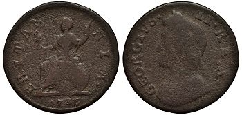 Великобритания 1 фартинг 1736 Георг II (1727-1760) KM 572.2, Spink 3720 медь 106-842