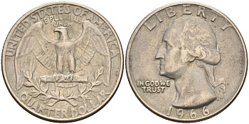 США 25 центов (квотер) 1966 Вашингтон KM 164а медь плакированная медно-никелем 4126-924