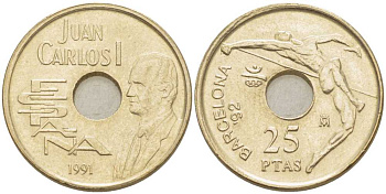 ИСПАНИЯ 25 ПЕСЕТ 1991 ХУАН КАРЛОС, ОЛИМПИАДА В БАРСЕЛОНЕ 1992, ПРЫЖКИ В ВЫСОТУ KM 852 никель бронза 213-211